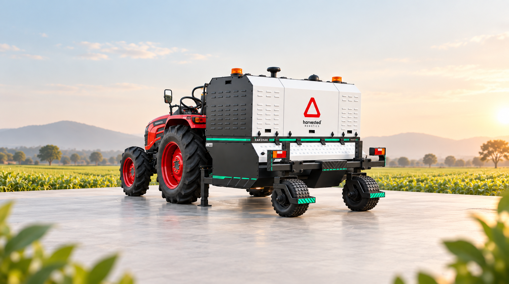 Rakshak laser weeding machine on a red tractor in the field at sunrise