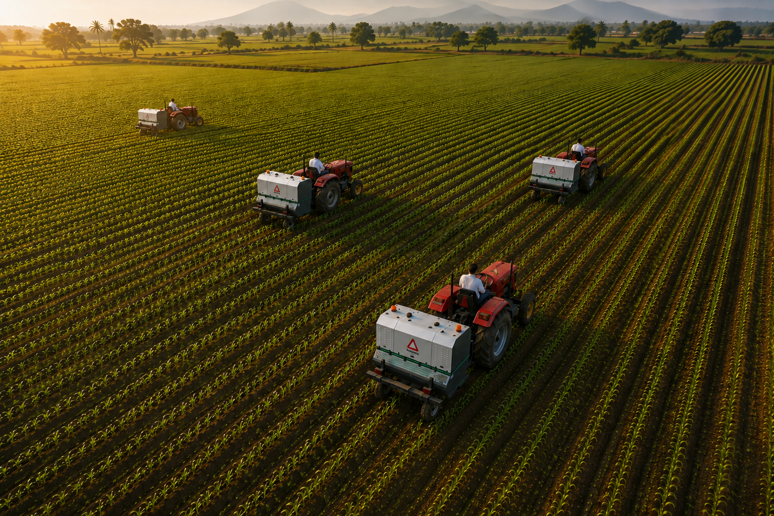 Tractors working down straight crop rows at golden hour